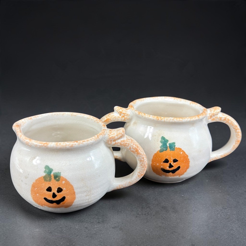 Vintage 1990s Loomco China Pumpkin Open Sugar Creamer Set Halloween Cauldron VTG